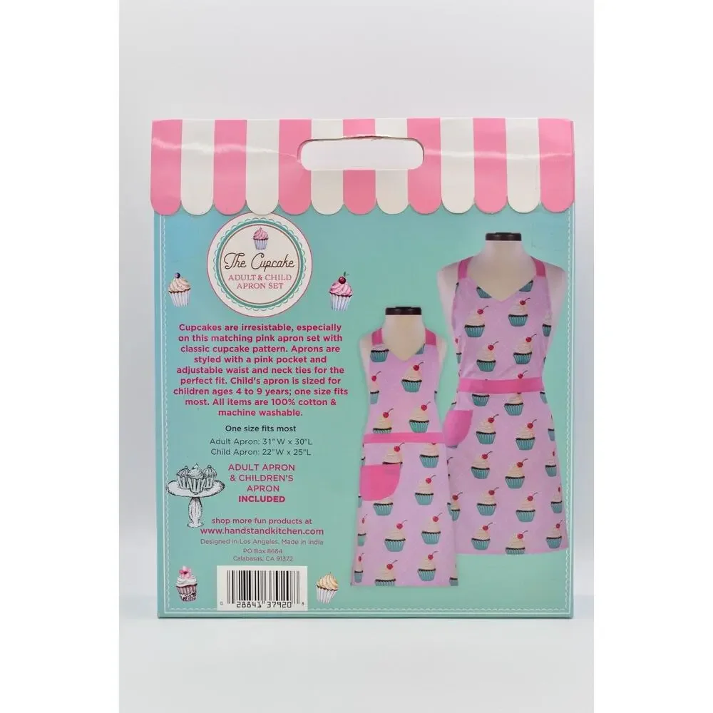 Adult & Child Apron Set Cotton Pink Cupcakes 2 Aprons Handstand Kitchen NEW